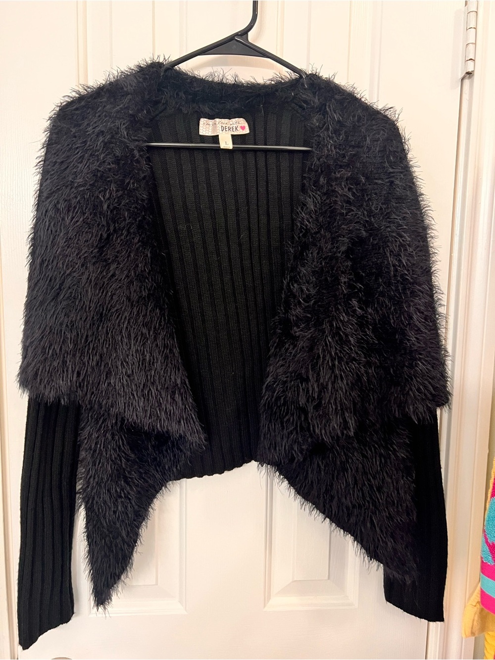 Derek Heart Black Faux-Fur Trim Ribbed Open Cardigan